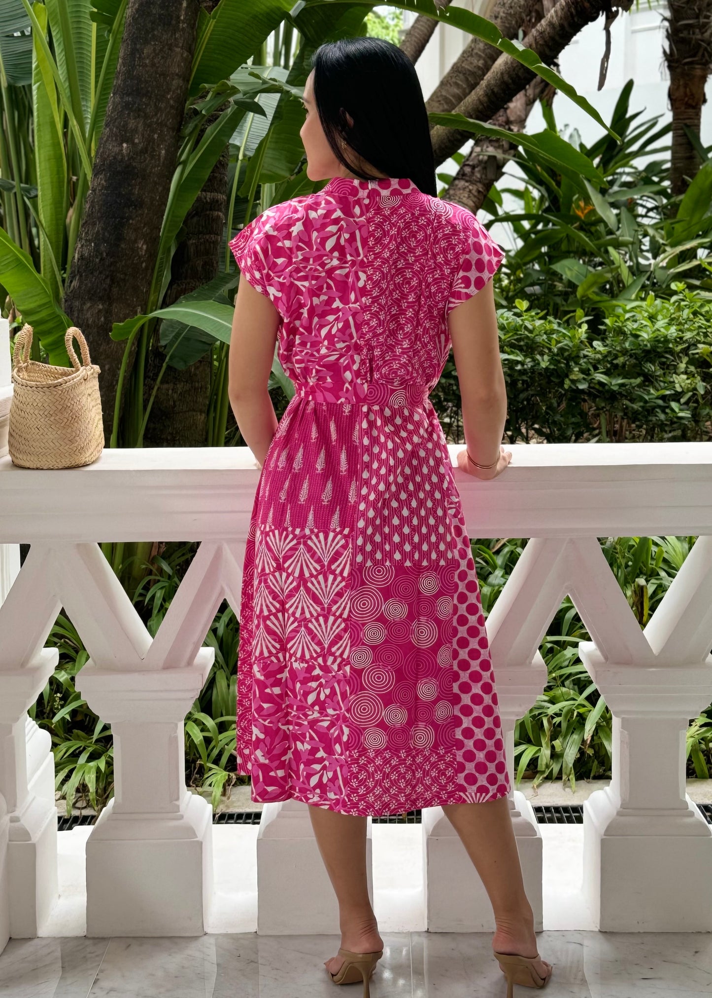 Sara Midi Cotton Dress | Patchwork Pink