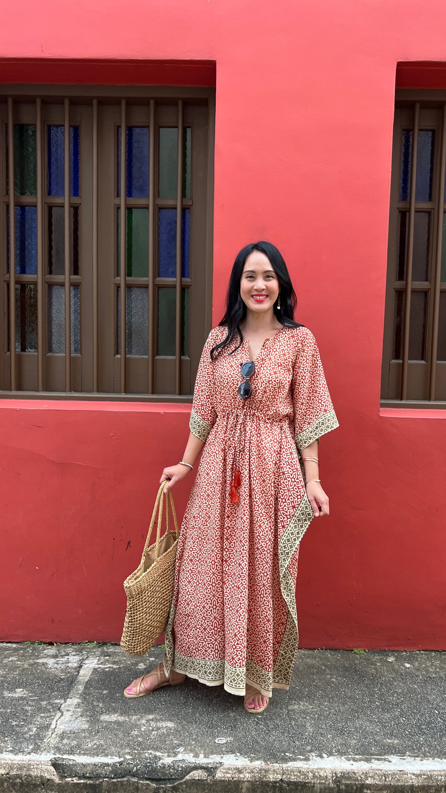 Kaftan in Cotton Block Print - Rustic Red